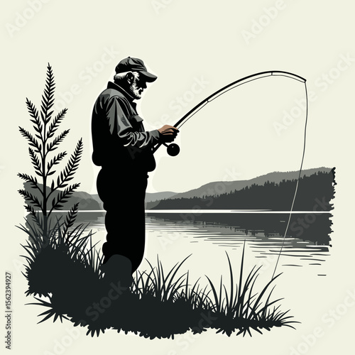 Elderly man fishing by the lake with a fishing rod and ferns  