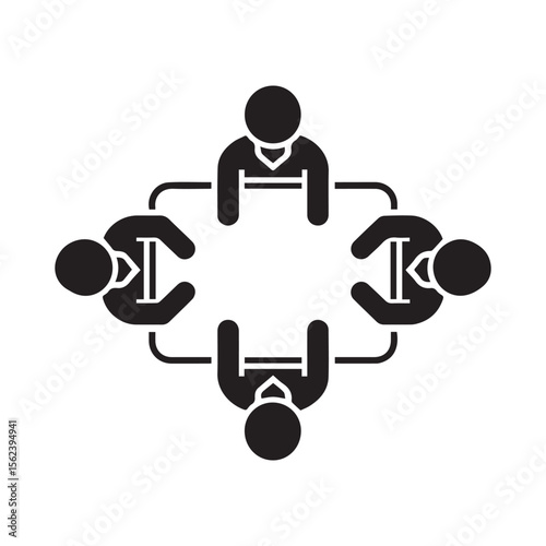 Top view illustration of a business meeting with four figures around a square table