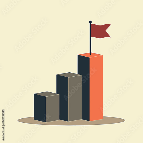 Stylized bar chart with red flag on top of tallest column  