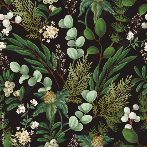 Vector Christmas seamless pattern with greenery pods cotton and berries