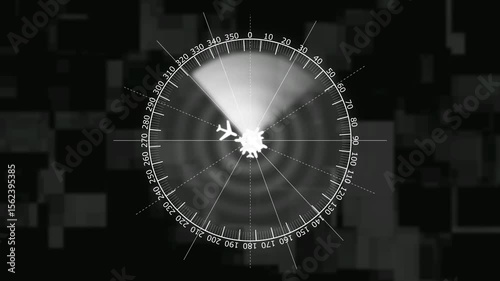 Air Traffic Control Radar Screen Animation Showing Airplane Icons  between countries and continents. Map of International Air Travel between continents and countries. Radar scanning animation 
