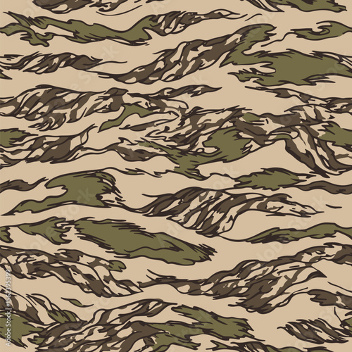 Camouflage seamless pattern.  Tiger stripe camouflage pattern. Forest real tree camouflage design. Hunting camouflage. Tiger stripe pattern.