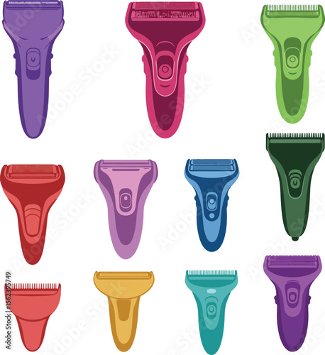 Electric Shaver Collection Vector Illustration Set, Modern Grooming Devices for Men and Women, Personal Care Appliances, Various Colors and Designs for Beauty Concepts.