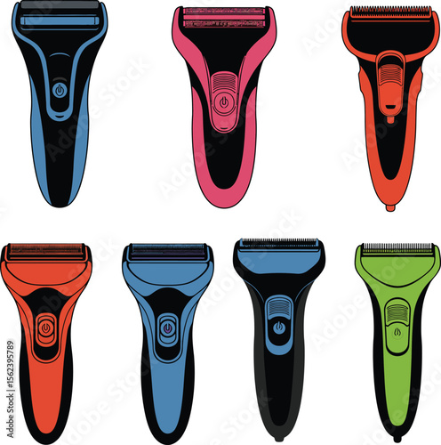 Electric Shaver Collection Vector Illustration Set, Modern Grooming Devices for Men and Women, Personal Care Appliances, Various Colors and Designs for Beauty Concepts.