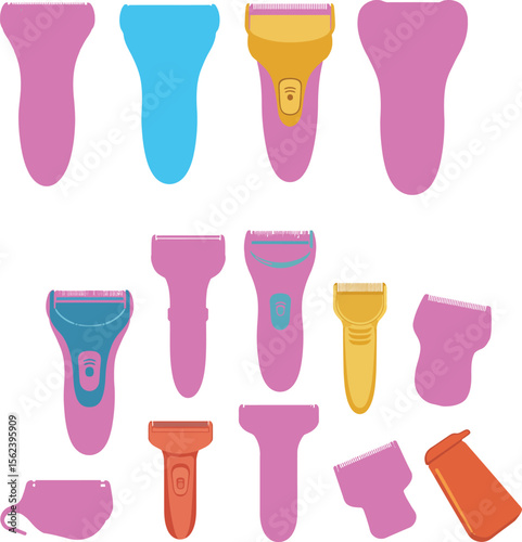 A colorful collection of modern electric shavers and epilators vector illustrations, perfect for designs related to personal grooming, beauty, and hair removal products.