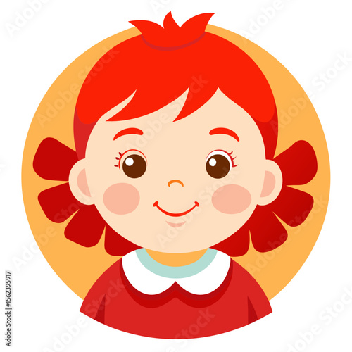 happy baby girl, red hair baby, ginger baby girl, smiling toddler, cheerful child, light skin baby, baby portrait, toddler face, cartoon baby girl, young child character, white background, flat design
