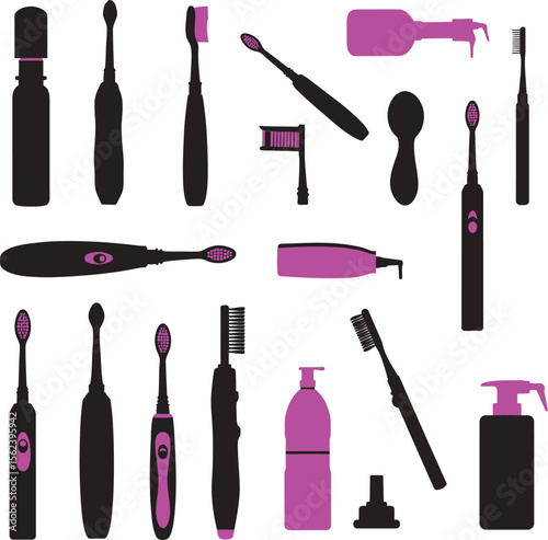 Modern electric toothbrushes, oral care tools, and hygiene product silhouettes, perfect for dental health, personal grooming, and wellness-related designs.
