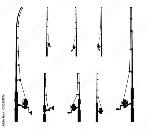 Fishing rod icons silhouette collection on a white background