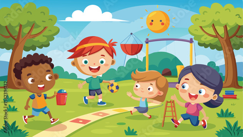 Playful Cartoon Kids Enjoying Fun Activities Outdoors on a Sunny Day Illustration