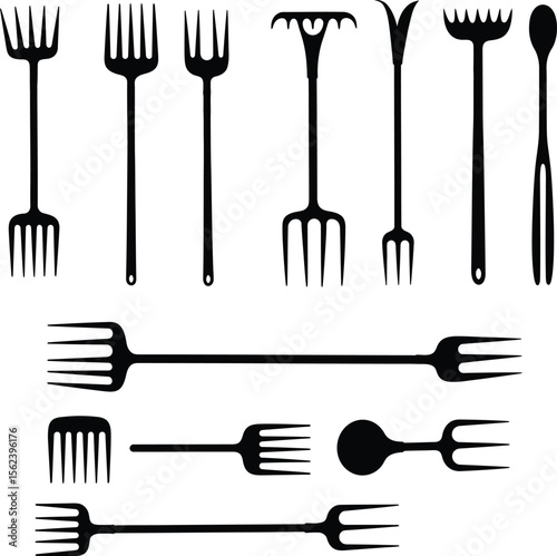 Various gardening and agricultural tool silhouettes, including forks, rakes, and a watering can, ideal for horticulture, farming, and spring season designs. Perfect for garden supply illustrations.