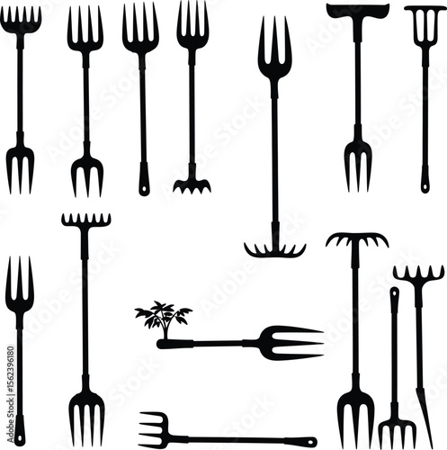 Various gardening and agricultural tool silhouettes, including forks, rakes, and a watering can, ideal for horticulture, farming, and spring season designs. Perfect for garden supply illustrations.