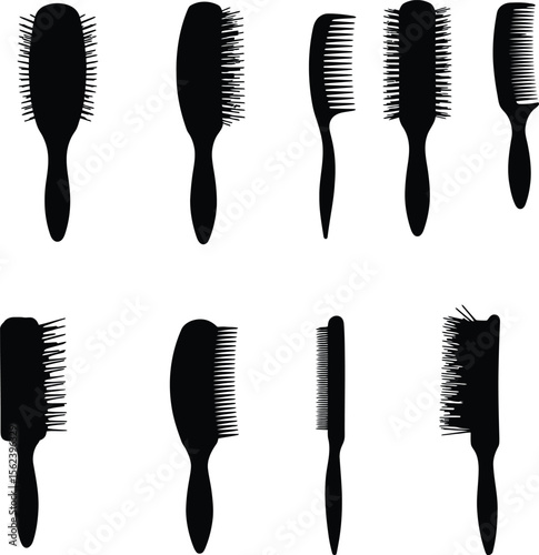 Variety of hair combs & brushes vector illustrations. Essential beauty salon & personal care tools for styling & grooming, perfect for hair care product designs & barbershop promotions.