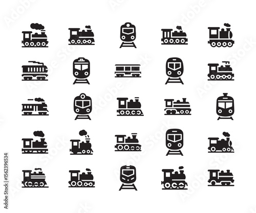 Train & Locomotive Icons: Black Flat Vector Set for Railways & Transportation