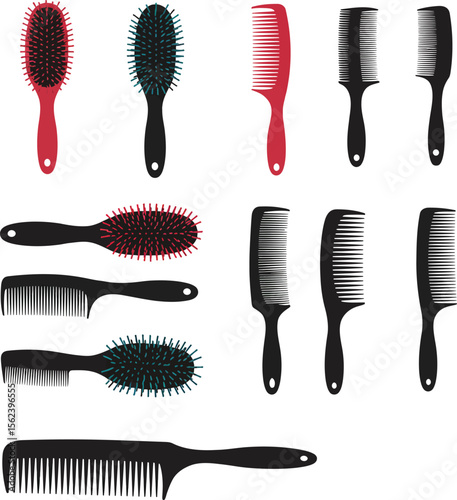 Variety of hair combs & brushes vector illustrations. Essential beauty salon & personal care tools for styling & grooming, perfect for hair care product designs & barbershop promotions.