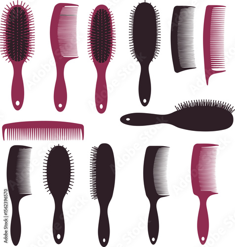 Variety of hair combs & brushes vector illustrations. Essential beauty salon & personal care tools for styling & grooming, perfect for hair care product designs & barbershop promotions.