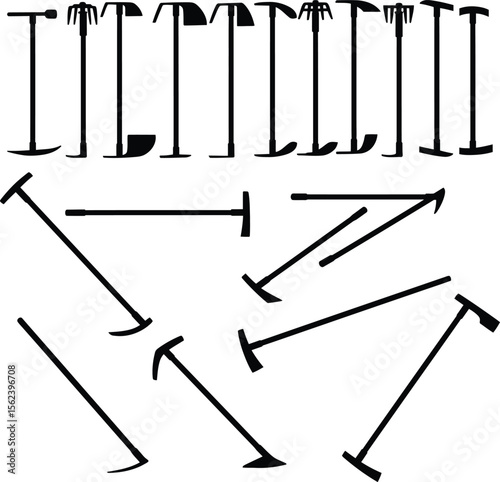 Gardening forks and rakes vector silhouettes, a versatile collection of essential agricultural and farming tools. Ideal for designs related to horticulture, planting, and garden maintenance.