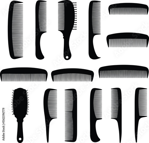 Elegant hair combs and brushes vector silhouettes, perfect for beauty, salon, and personal care designs. A diverse collection of styling tools for barbershops and hairdressers.