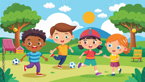 Playful Cartoon Kids Playing Soccer in Sunny Park With Trees and Blue Sky