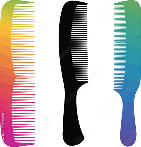 Colorful and black hair comb vectors, perfect for beauty and salon designs. Includes a vibrant rainbow comb, a sleek black comb, and a blue-green gradient comb, ideal for diverse hair care themes.