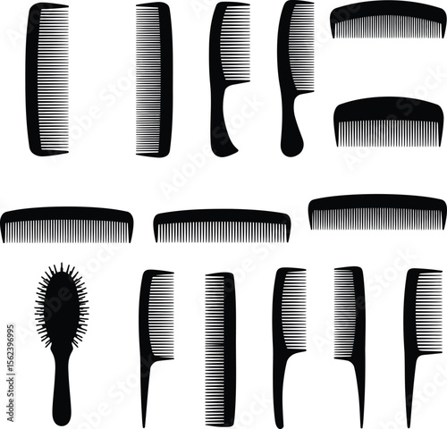 Elegant hair combs and brushes vector silhouettes, perfect for beauty, salon, and personal care designs. A diverse collection of styling tools for barbershops and hairdressers.