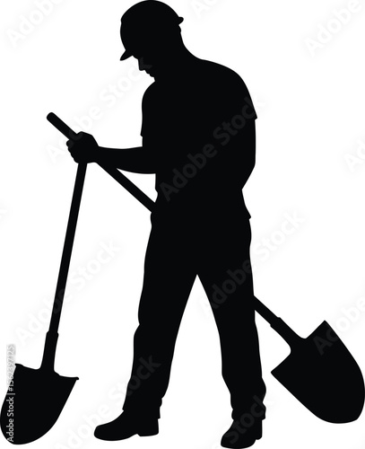 Silhouette of a man working with a shovel: depicting construction, gardening, or labor, symbolizing hard work, digging, and manual effort in various outdoor and industrial settings.