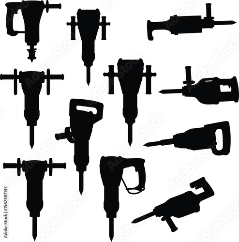 Demolition tools vector illustration set, powerful jackhammers, concrete breakers, and industrial hammers for construction, mining, and road work projects. Heavy-duty equipment silhouettes.