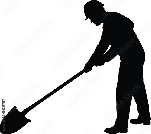 Silhouette of a man working with a shovel: depicting construction, gardening, or labor, symbolizing hard work, digging, and manual effort in various outdoor and industrial settings.