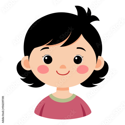 happy baby girl, black hair baby, smiling toddler, cheerful child, light skin baby, baby portrait, toddler face, cartoon baby girl, young child character, white background, flat design, baby avatar, g