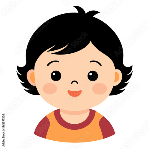 happy baby girl, black hair baby, smiling toddler, cheerful child, light skin baby, baby portrait, toddler face, cartoon baby girl, young child character, white background, flat design, baby avatar, g