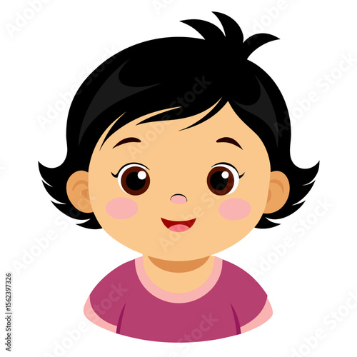 happy baby girl, black hair baby, smiling toddler, cheerful child, light skin baby, baby portrait, toddler face, cartoon baby girl, young child character, white background, flat design, baby avatar, g