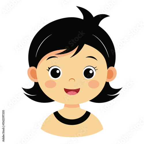 happy baby girl, black hair baby, smiling toddler, cheerful child, light skin baby, baby portrait, toddler face, cartoon baby girl, young child character, white background, flat design, baby avatar, g