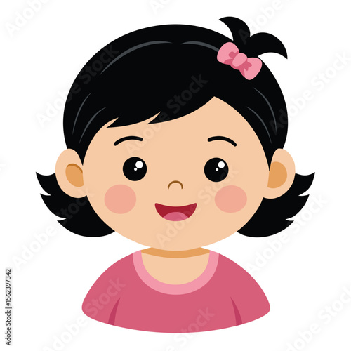 happy baby girl, black hair baby, smiling toddler, cheerful child, light skin baby, baby portrait, toddler face, cartoon baby girl, young child character, white background, flat design, baby avatar, g