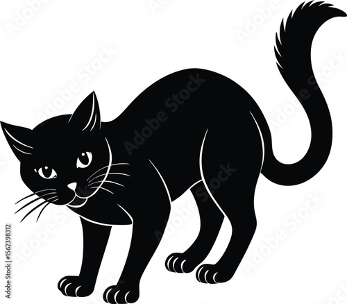 black cat silhouette ready to pounce, spooky halloween feline vector art