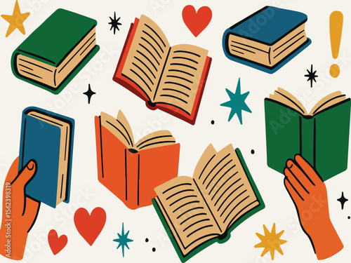 Books halftone art collage cut outs set. Various clipping shapes, hands holding open books stickers with vintage dotted texture and doodles. Modern retro grunge mixed media vector illustration