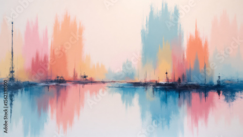 Abstract Cityscape Reflection Painting: Colorful Urban Skyline Art with Water Reflections
