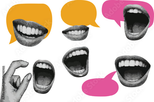 Halftone collage lips with speech bubbles. Dotted modern retro urban magazine style pop art banner templates with copy space for text. Social media concept vector illustration 