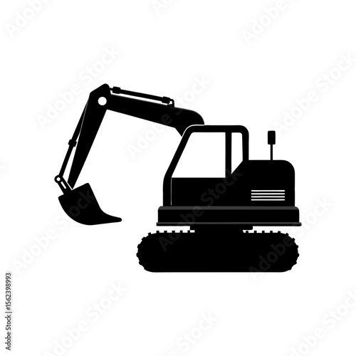 Compact excavator full black silhouette small construction vehicle vector illustration
