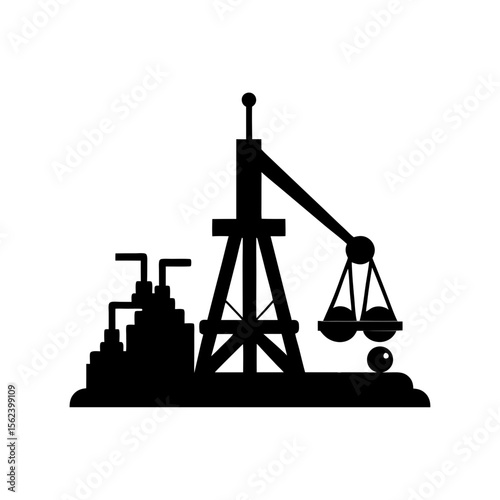 Pile driver full black silhouette vertical hammer machine vector illustration