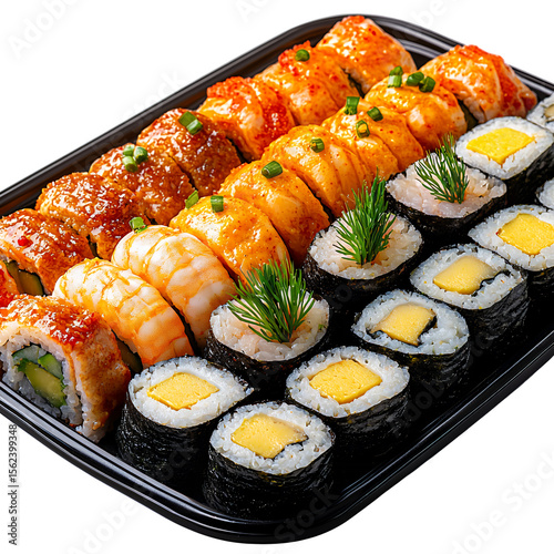 Assorted Sushi Rolls on Black Plate  A Colorful Culinary Presentation