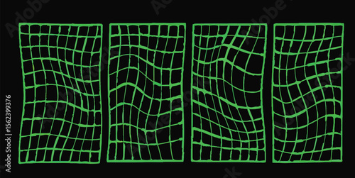 Distorted vertical unbalanced grid set. Green neon posters, banners. 90s, 2000s retro style vaporwave, wireframe, futuristic background. Vector illustration isolated on black background 
