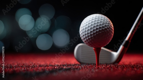 Ultra quality image of close-up of a golf ball on a red tee with a golf club ready to strike, set against a dark background.