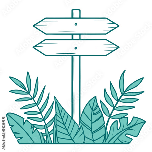 Wooden signpost surrounded by tropical foliage directional