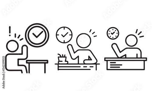 Three stylized figures with clocks indicating time awareness isolated on white background silhouette