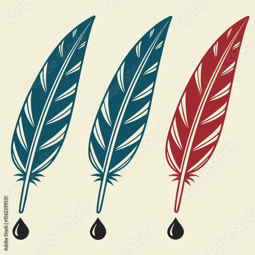 Blue and red feathers with ink drops quill writing