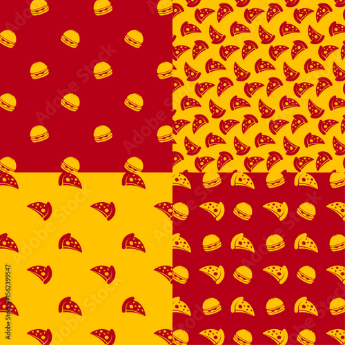 Fast Food Fusion: A vibrant mosaic of burger and pizza graphics dances across a red and yellow backdrop, a playful fusion of beloved fast food icons in a seamless pattern.