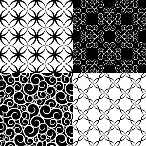 Geometric Abstraction: A mosaic of intricate geometric patterns in a striking black-and-white color scheme, creating a visually engaging display suitable for various applications.