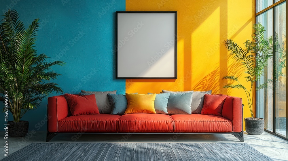 Fototapeta premium Red sofa, mock-up frame, vibrant room, sunlight