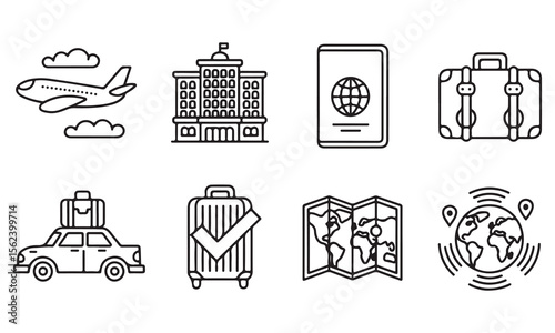 Collection of travel and tourism icons in silhouette style isolated on white background