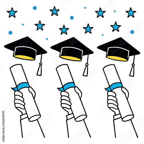 Graduation Caps and Diplomas with Stars blue