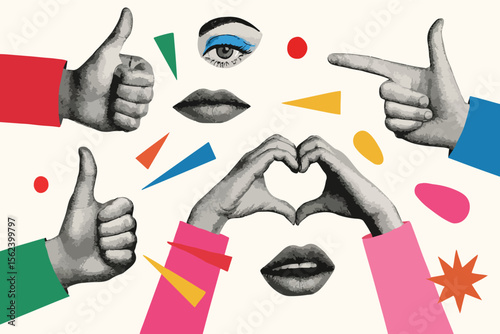 Trendy halftone collage elements set. Cut out clipping hand emoji gestures, mouths and eye with bold colorful geometric shapes. Hands signs stickers modern retro vector illustration 